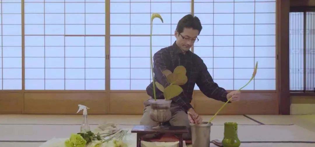 Cutting the roots of flowers in a clear glass container